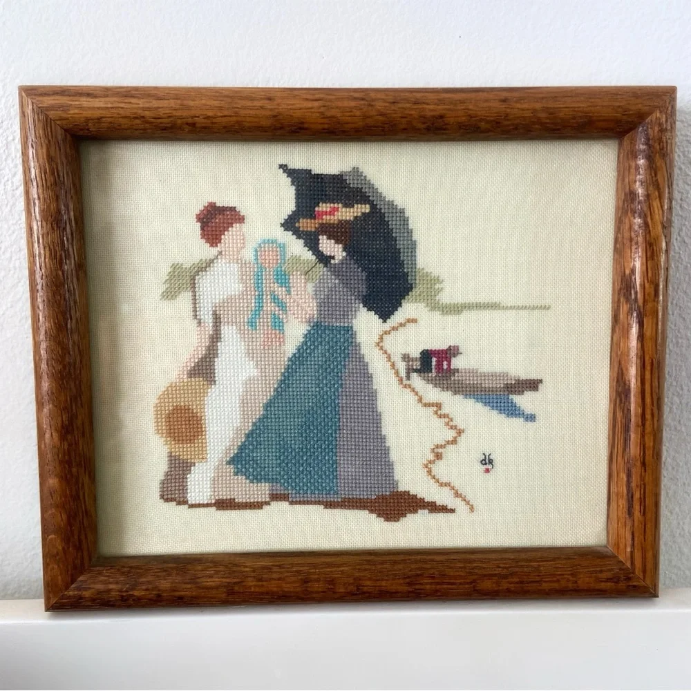 Vintage cross stitch art work in wood frame Victorian women family home decor